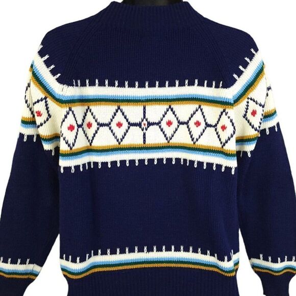 Fair Isle Ski Sweater Vintage 70s 80s Geometric Diamonds Mens Size Medium - Picture 3 of 5